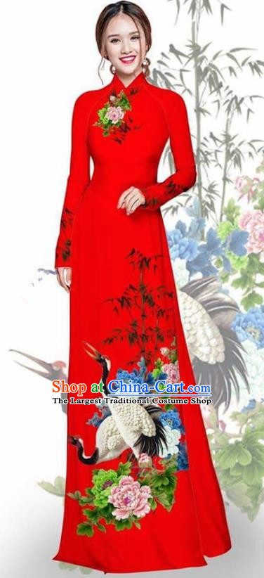 Asian Vietnam Traditional Printing Crane Peony Red Cheongsam Vietnamese Ao Dai Qipao Dress for Women