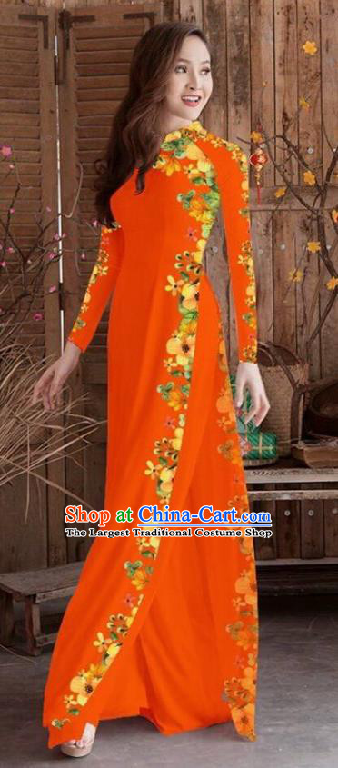 Asian Vietnam Traditional Printing Cheongsam Vietnamese Orange Ao Dai Qipao Dress for Women