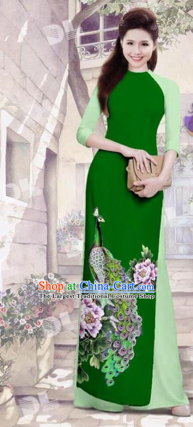 Asian Vietnam Traditional Deep Green Cheongsam Vietnamese Printing Peacock Ao Dai Qipao Dress for Women