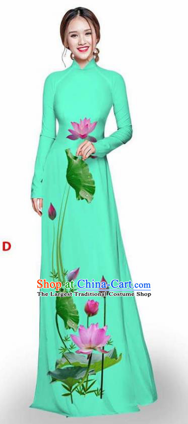 Asian Vietnam Traditional Light Green Cheongsam Vietnamese Printing Lotus Ao Dai Qipao Dress for Women