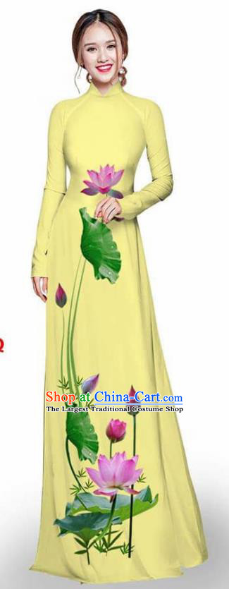 Asian Vietnam Traditional Yellow Cheongsam Vietnamese Printing Lotus Ao Dai Qipao Dress for Women
