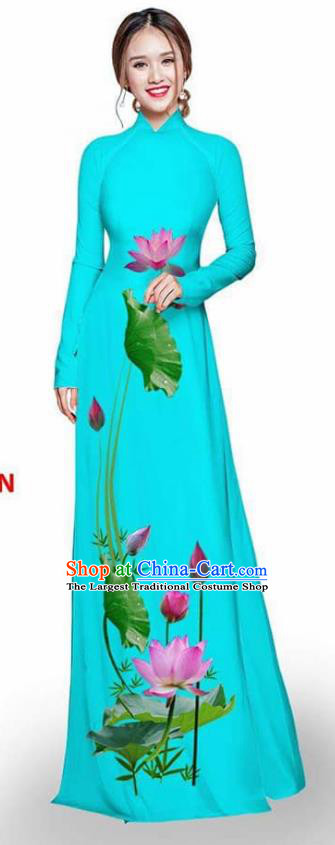 Asian Vietnam Traditional Blue Cheongsam Vietnamese Printing Lotus Ao Dai Qipao Dress for Women