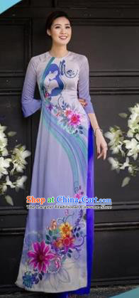 Asian Vietnam Traditional Printing Lilac Cheongsam Vietnamese Ao Dai Qipao Dress for Women