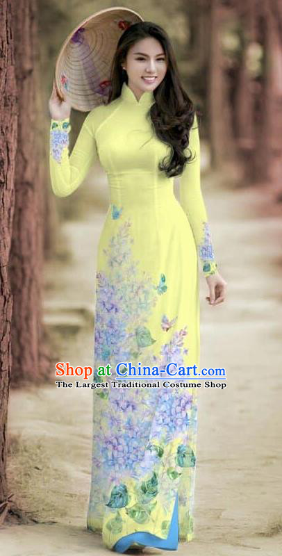 Asian Traditional Vietnam Female Costume Vietnamese Bride Cheongsam Yellow Ao Dai Qipao Dress for Women