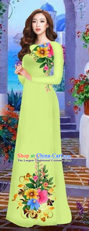 Asian Vietnam Traditional Female Costume Vietnamese Light Green Cheongsam Printing Ao Dai Qipao Dress for Women