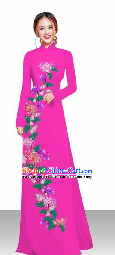 Asian Vietnam Traditional Female Costume Vietnamese Printing Chrysanthemum Rosy Ao Dai Qipao Dress for Women