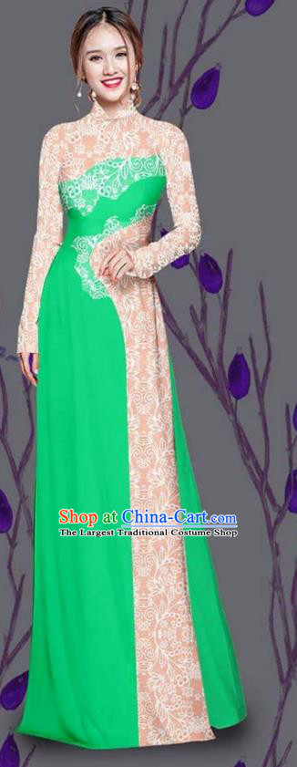 Asian Traditional Vietnam Costume Ao Dai Qipao Dress Vietnamese Bride Green Cheongsam for Women