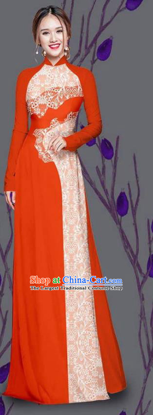 Asian Traditional Vietnam Costume Ao Dai Qipao Dress Vietnamese Bride Red Cheongsam for Women