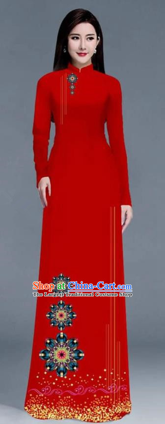 Asian Traditional Vietnam Ao Dai Costume Vietnamese Bride Red Cheongsam for Women