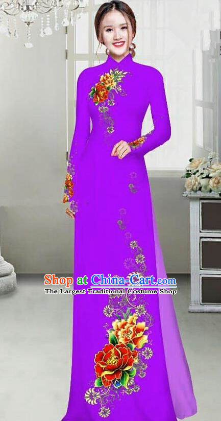 Asian Traditional Vietnam Female Ao Dai Costume Vietnamese Bride Printing Peony Purple Cheongsam for Women