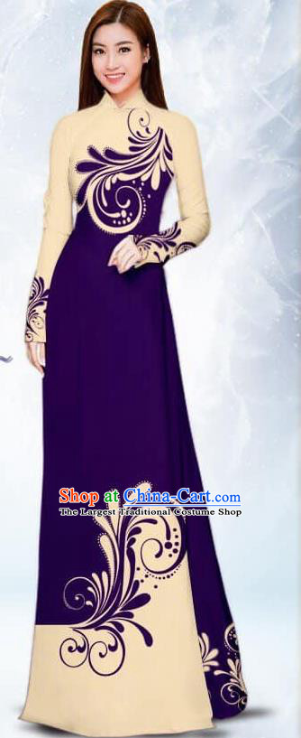 Asian Traditional Vietnam Female Costume Vietnamese Bride Purple Ao Dai Cheongsam for Women