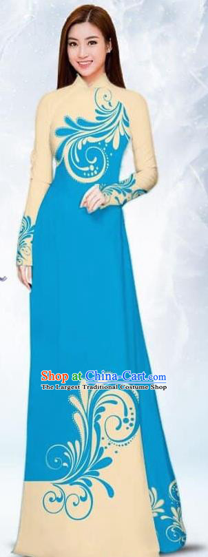 Asian Traditional Vietnam Female Costume Vietnamese Bride Blue Ao Dai Cheongsam for Women