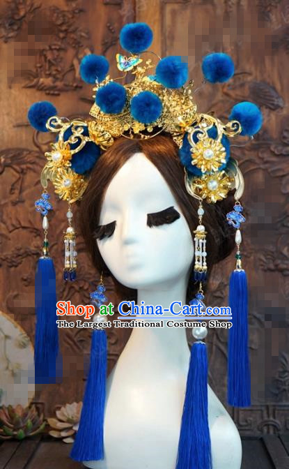 Chinese Ancient Wedding Queen Blue Phoenix Coronet Hair Jewelry Accessories Hairpins for Women
