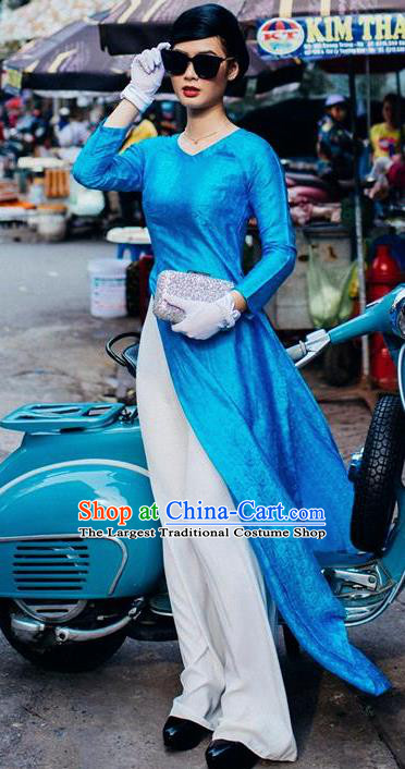 Vietnam Traditional Costume Blue Ao Dai Qipao Dress Vietnamese Cheongsam for Women