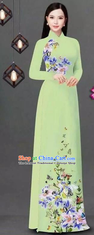 Vietnam Traditional Bride Costume Vietnamese Printing Flowers Green Ao Dai Qipao Dress Cheongsam for Women