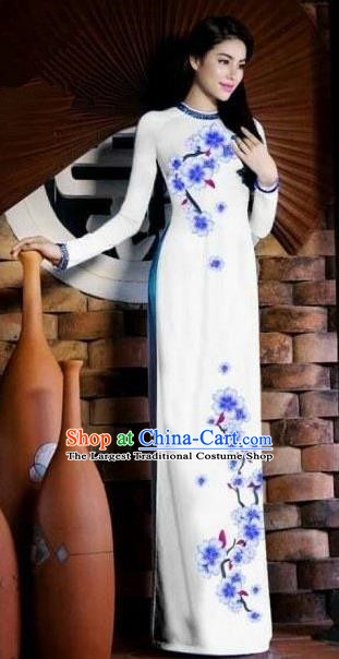 Vietnam Traditional Bride Costume Vietnamese Printing Plum Blossom White Ao Dai Qipao Dress Cheongsam for Women