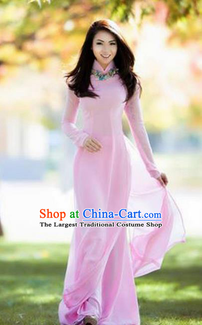 Vietnam Traditional Bride Costume Vietnamese Pink Ao Dai Qipao Dress Cheongsam for Women