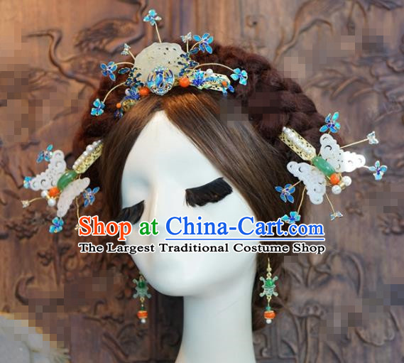 Chinese Ancient Hair Accessories Wedding Bride Jade Butterfly Hair Clips Hairpins Complete Set for Women