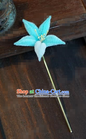 Chinese Ancient Queen Hair Clip Wedding Bride Headdress Light Blue Velvet Flower Hairpins for Women