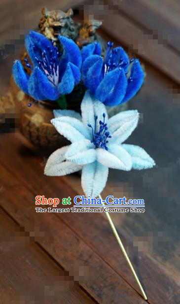 Chinese Ancient Empress Blue Flowers Hair Clip Palace Hairpins for Women