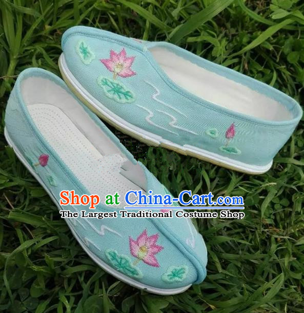 Chinese Traditional Hanfu Shoes Ancient Princess Blue Embroidered Shoes Handmade Cloth Shoes for Women