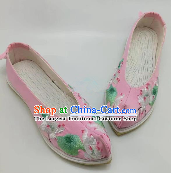 Chinese Traditional Hanfu Shoes Embroidered Lotus Shoes Handmade Pink Cloth Shoes for Women