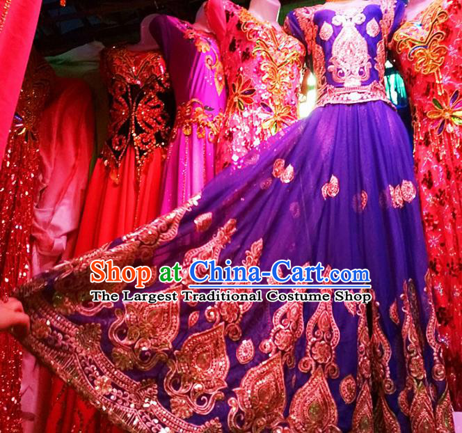 Chinese Ethnic Costumes Folk Dance Royalblue Dress Traditional National Uyghur Nationality Clothing for Women