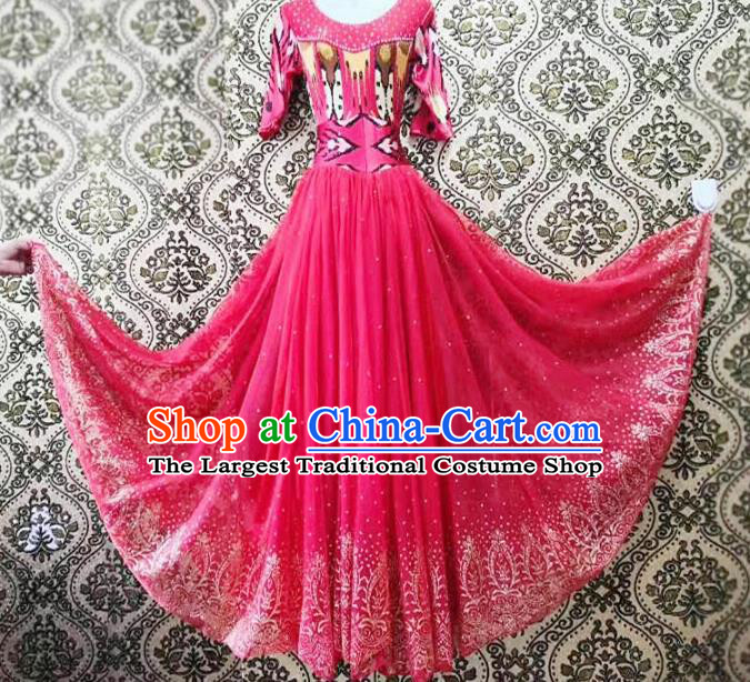 Chinese Ethnic Folk Dance Watermelon Red Dress Traditional National Uyghur Nationality Costumes for Women