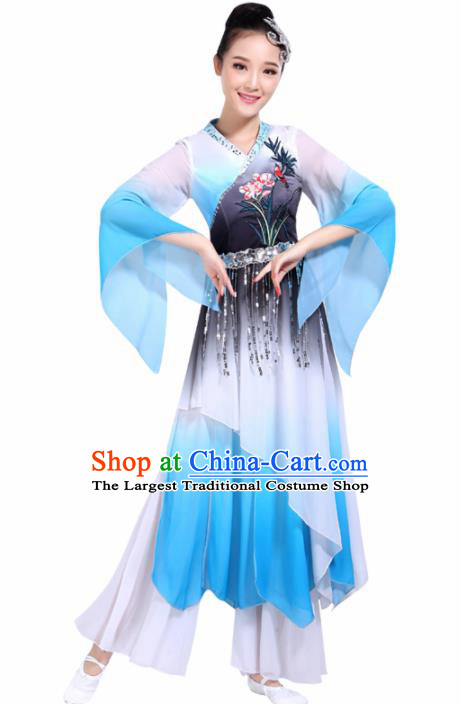 Chinese Traditional Folk Dance Blue Costumes Classical Dance Umbrella Dance Dress for Women