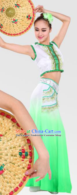 Chinese Traditional Dai Minority Green Dress Ethnic Folk Dance Costumes for Women