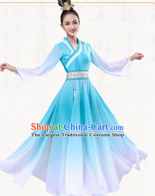 Chinese Traditional Group Dance Blue Dress Classical Dance Umbrella Dance Costumes for Women