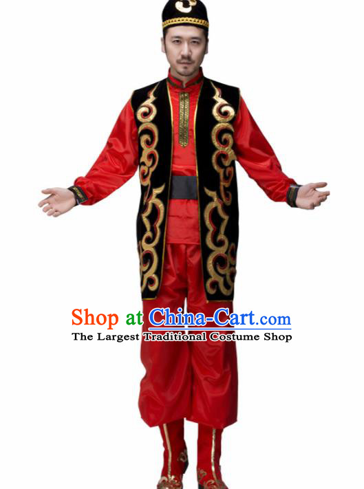 Chinese Traditional Minority Folk Dance Clothing Uyghur Ethnic Dance Red Costumes for Men
