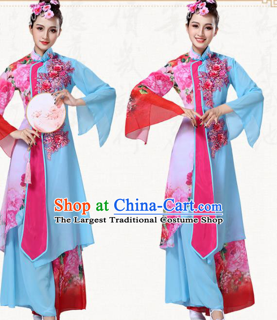 Chinese Traditional Classical Dance Group Dance Blue Dress Umbrella Dance Costumes for Women