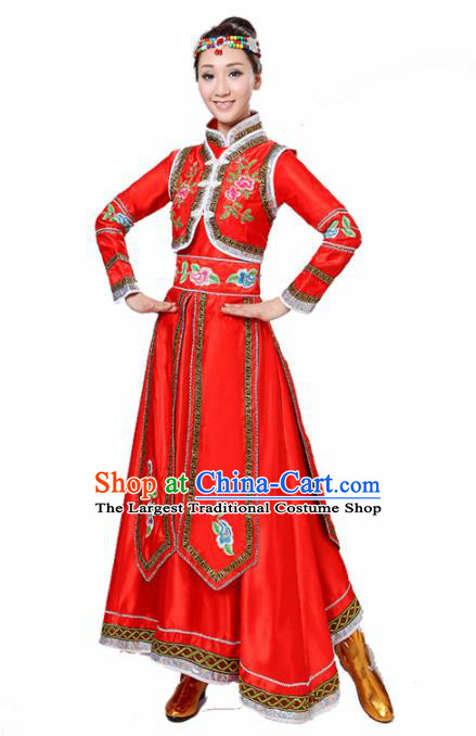 Chinese Traditional Mongolian Minority Folk Dance Red Dress Mongols Ethnic Dance Costumes for Women