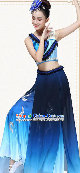 Chinese Traditional Classical Dance Blue Dress Group Dance Umbrella Dance Costumes for Women