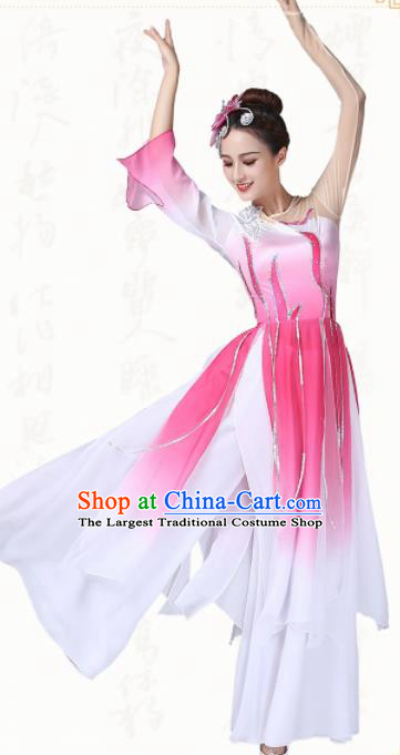 Chinese Traditional Folk Dance Yanko Dance Pink Dress Umbrella Dance Group Dance Costumes for Women