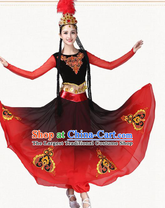 Chinese Traditional Uyghur Minority Dance Red Dress Ethnic Folk Dance Uigurian Costumes for Women
