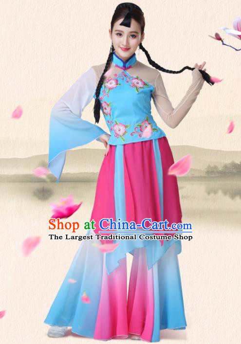 Chinese Traditional Classical Dance Group Dance Blue Dress Folk Dance Umbrella Dance Costumes for Women