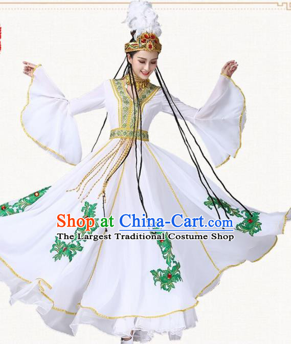 Chinese Traditional Uyghur Minority Dance White Dress Uigurian Ethnic Folk Dance Costumes for Women