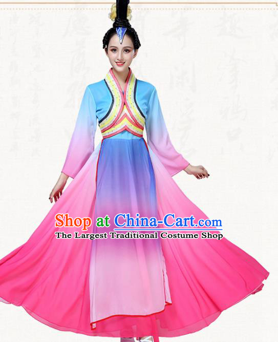 Chinese Traditional Classical Dance Blue Dress Folk Dance Group Dance Umbrella Dance Costumes for Women