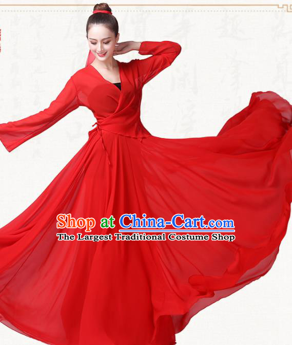 Chinese Traditional Classical Dance Red Chiffon Dress Fan Dance Group Dance Costumes for Women