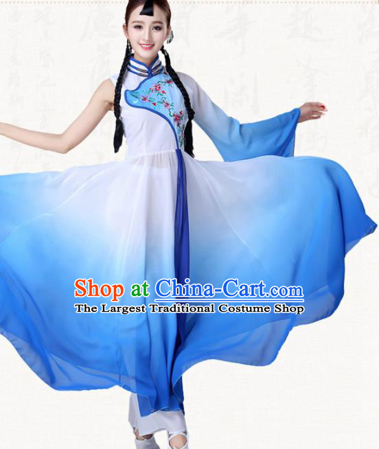 Chinese Traditional Classical Dance Blue Dress Umbrella Dance Group Dance Costumes for Women