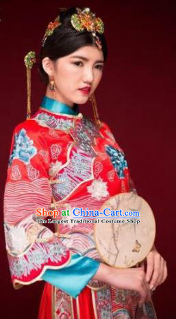 Traditional Chinese Xiuhe Suit Red Wedding Dress Ancient Bride Embroidered Costumes for Women