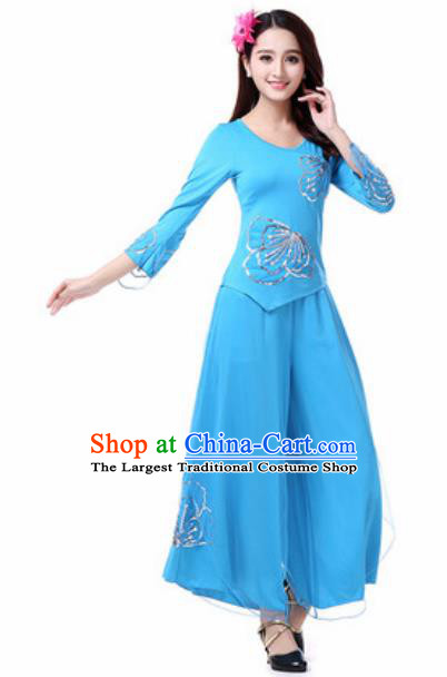 Traditional Chinese Folk Dance Costumes Fan Dance Yanko Dance Blue Dress for Women