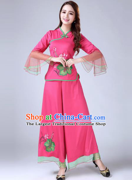 Traditional Chinese Folk Dance Costumes Lotus Dance Yanko Dance Pink Dress for Women