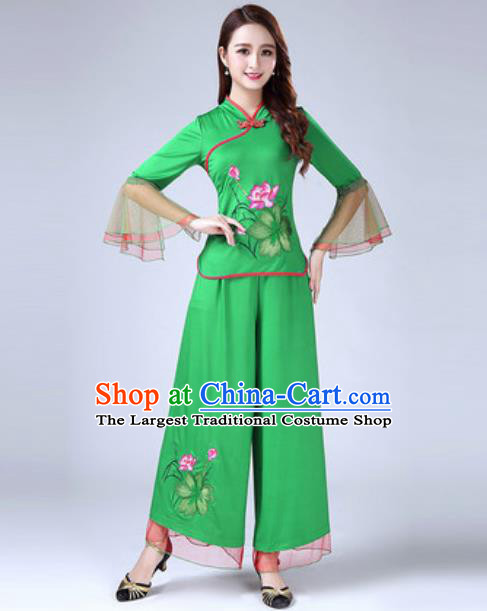 Traditional Chinese Folk Dance Costumes Lotus Dance Yanko Dance Green Dress for Women