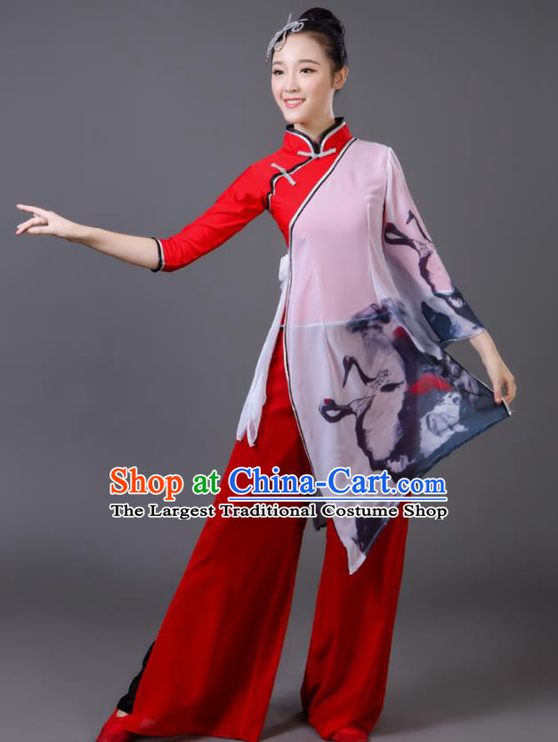 Traditional Chinese Classical Dance Red Costumes Umbrella Dance Yangko Clothing for Women