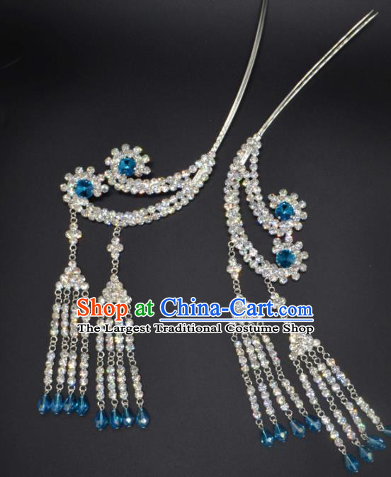 Traditional Chinese Beijing Opera Hair Accessories Ancient Princess Blue Crystal Tassel Hairpins for Women