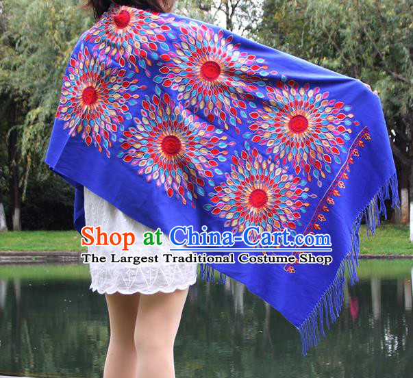 Chinese Traditional Scarf Yunnan National Blue Wool Cloak for Women