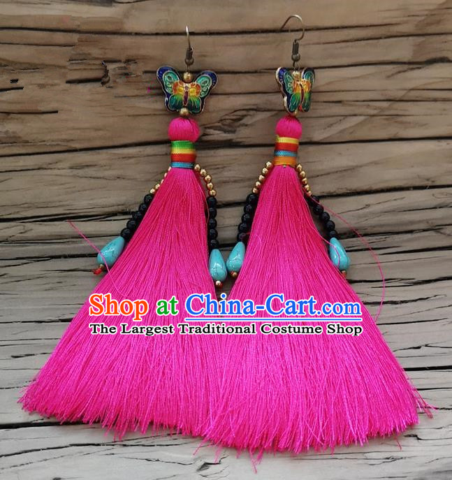 Chinese Traditional Embroidered Butterfly Earrings Yunnan National Tassel Eardrop for Women